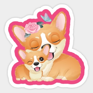 Cute little corgi mother and baby tshirt Sticker